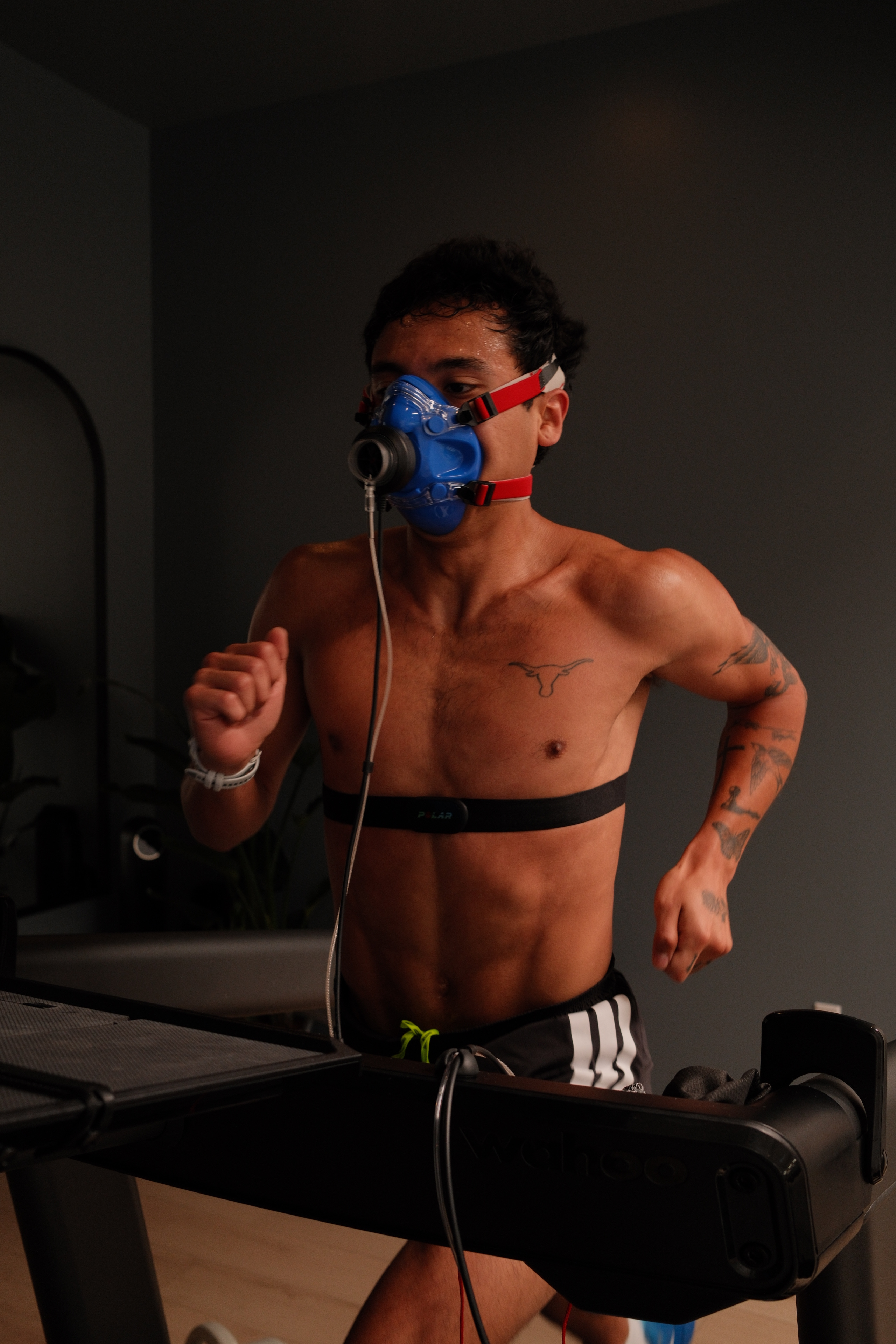 Close-up of an athlete during a VO2 max treadmill test